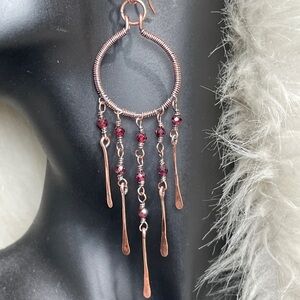 Hand Crafted Copper Red Garnet Crystal Beaded Dangle Chandelier Earrings
